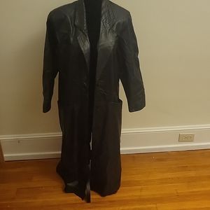 Womens small black leather long trench coat